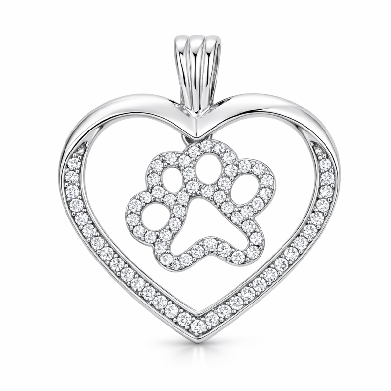 Zawieszka serce z łapką – srebro rodowane 925, cyrkonie