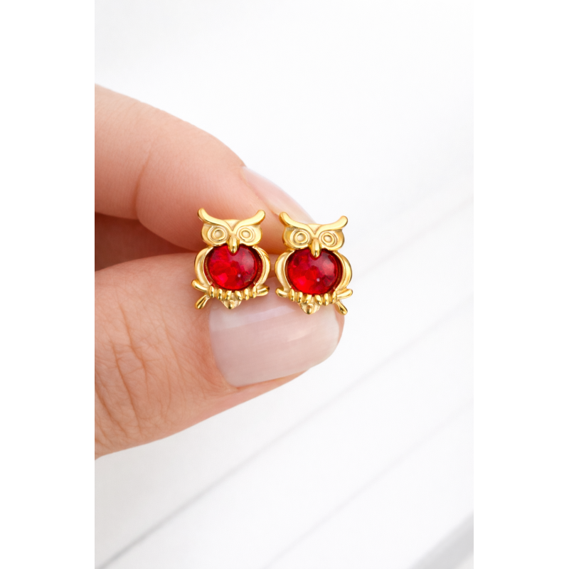 Kolczyki dziecięce Sowa z kamieniem | Srebro pozłacane 925 | Sztyft