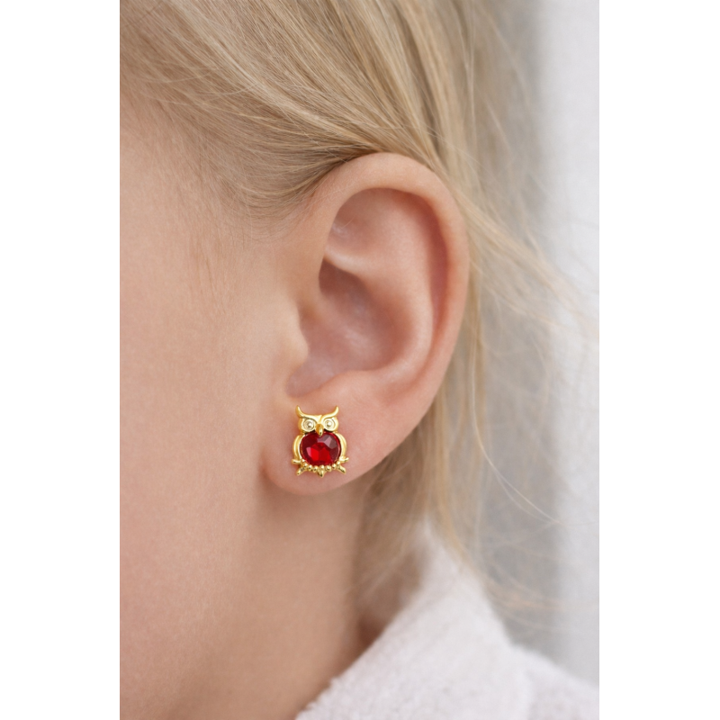Kolczyki dziecięce Sowa z kamieniem | Srebro pozłacane 925 | Sztyft