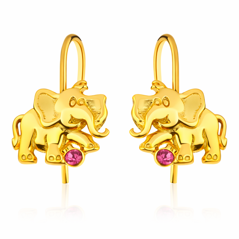Złote kolczyki dla dziewczynki wiszące słoniki różowa cyrkonia 925