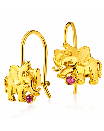 Złote kolczyki dla dziewczynki wiszące słoniki różowa cyrkonia 925