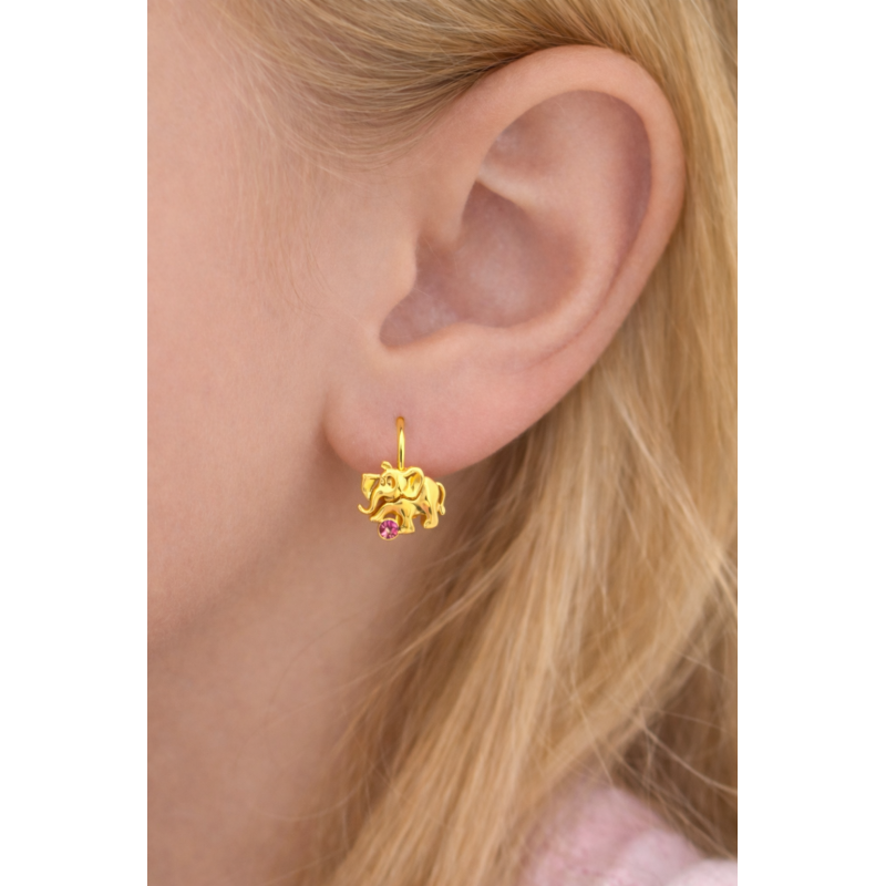 Złote kolczyki dla dziewczynki wiszące słoniki różowa cyrkonia 925