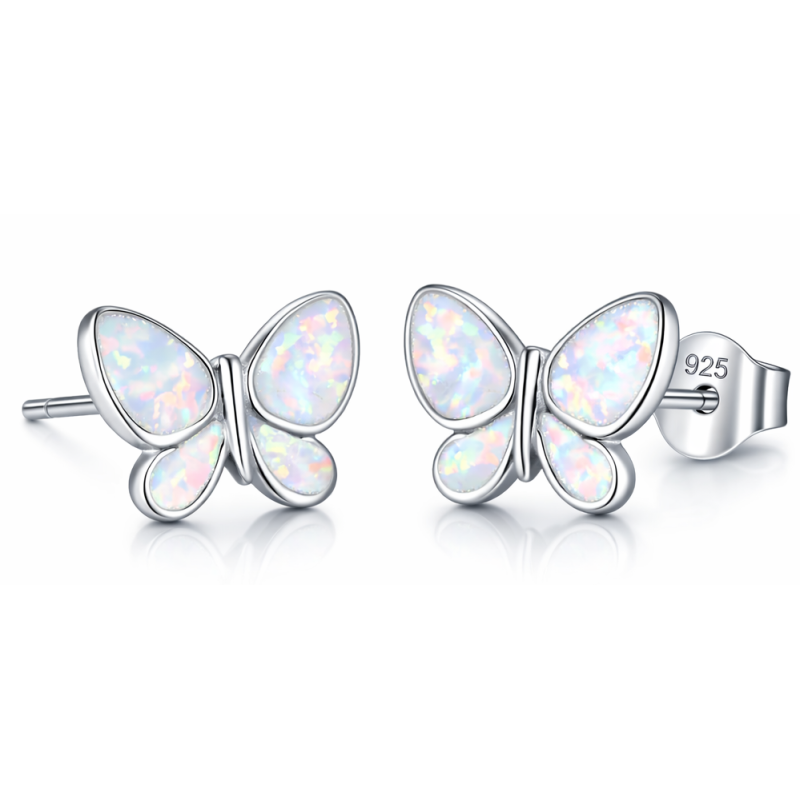 Srebrne kolczyki damskie motylki z białym opalem – wkrętki, próba 925