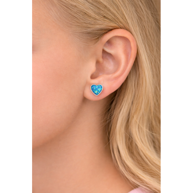 Srebrne kolczyki damskie serca z niebieskim opalem – wkrętki, próba 925
