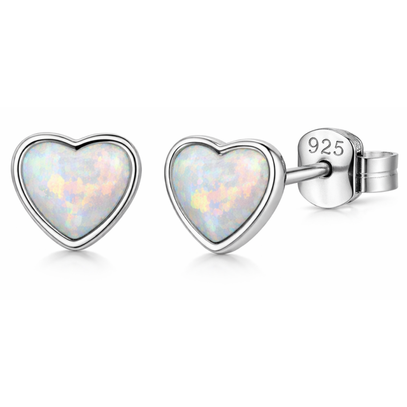 Srebrne kolczyki damskie serduszka z białym opalem – wkrętki, próba 925