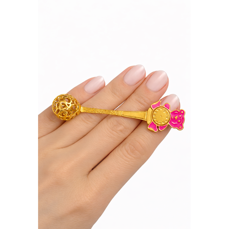 Srebrna grzechotka 925 na chrzest dla dziecka pozłacana z różowym misiem