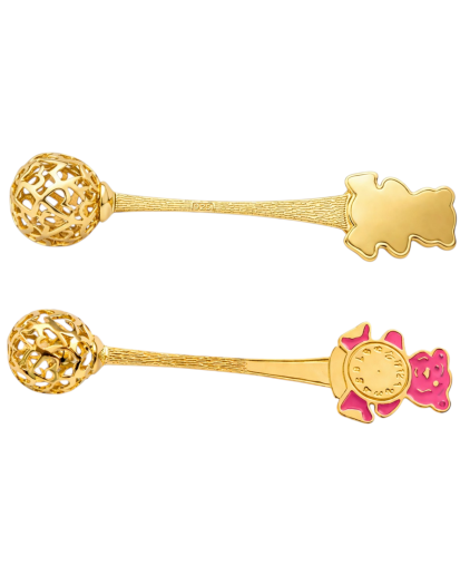 Srebrna grzechotka 925 na chrzest dla dziecka pozłacana z różowym misiem