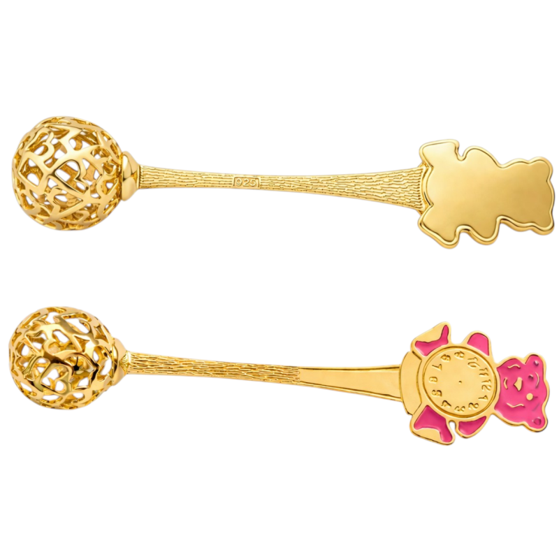 Srebrna grzechotka 925 na chrzest dla dziecka pozłacana z różowym misiem