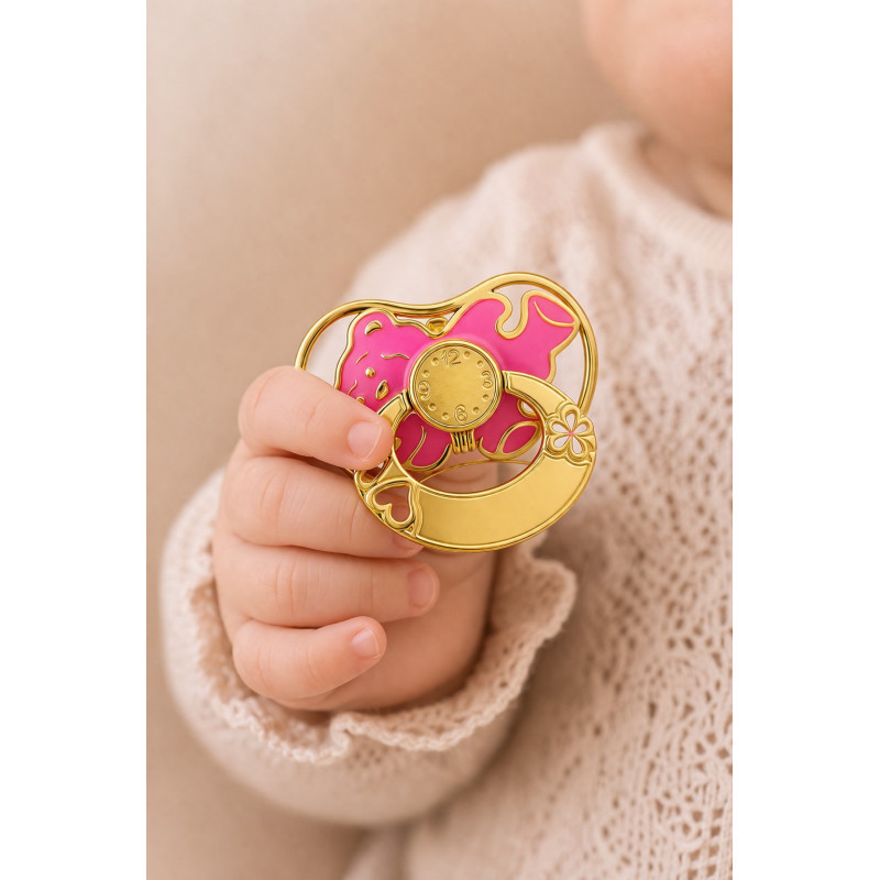 Różowy smoczek na Chrzest ze srebra 925 pozłacany