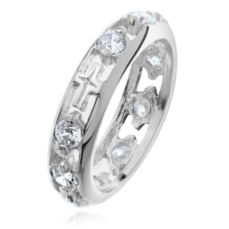 Srebrny różaniec na palec 925 – obrączka z białymi cyrkoniami