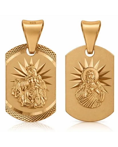 Pozłacany srebrny diamentowany medalik Szkaplerzny + Serce Jezusa 925