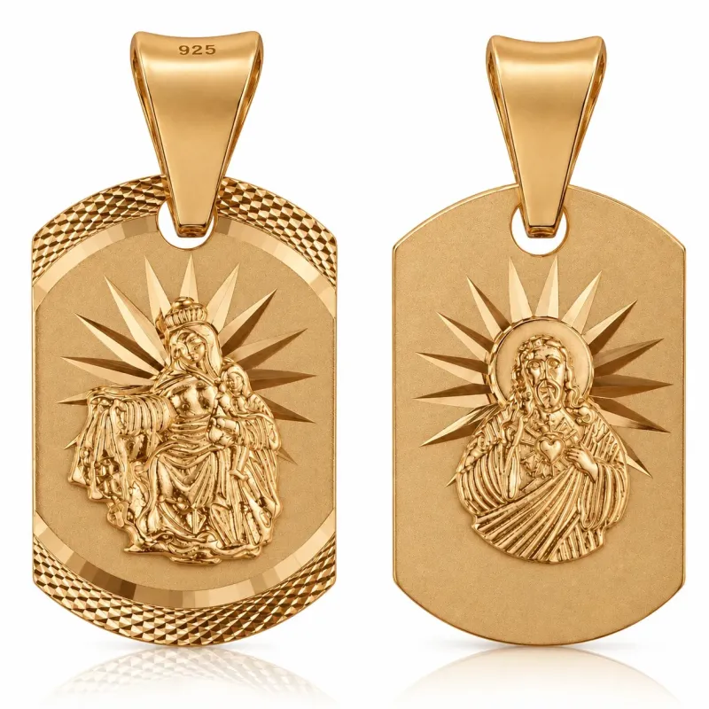 Pozłacany srebrny diamentowany medalik Szkaplerzny + Serce Jezusa 925