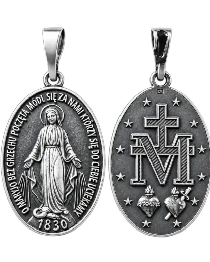 Duży srebrny medalik Cudowny 925 oksydowany diamentowany ze srebra