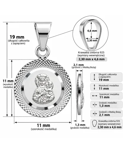 Srebrny diamentowany medalik Matka Boska Częstochowska 925