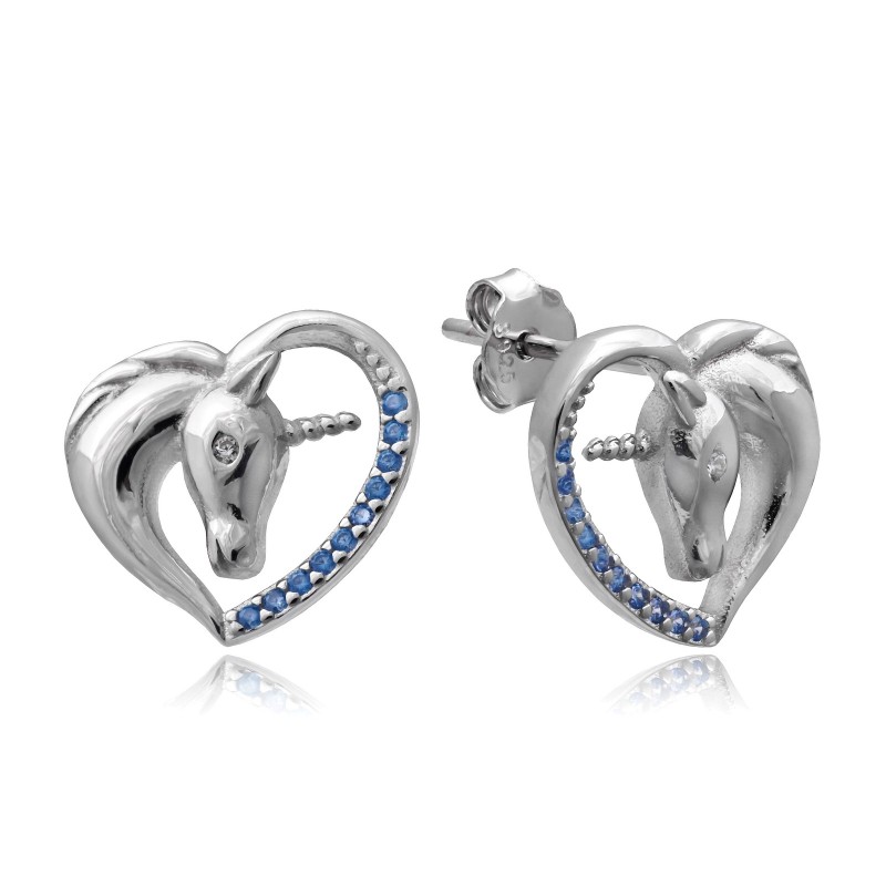 Srebrne kolczyki dla dziewczynki jednorożce błękitne wkrętki srebro