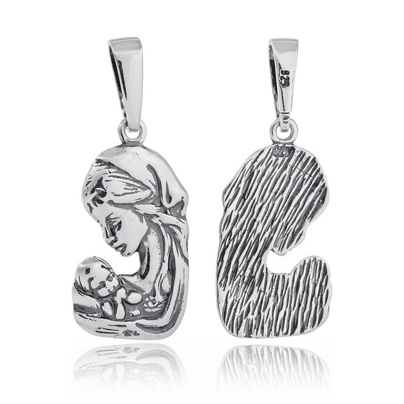 SREBRNY MEDALIK Z WIZERUNKIEM MATKI BOSKIEJ Z DZIECIĄTKIEM OKSYDOWANY 925