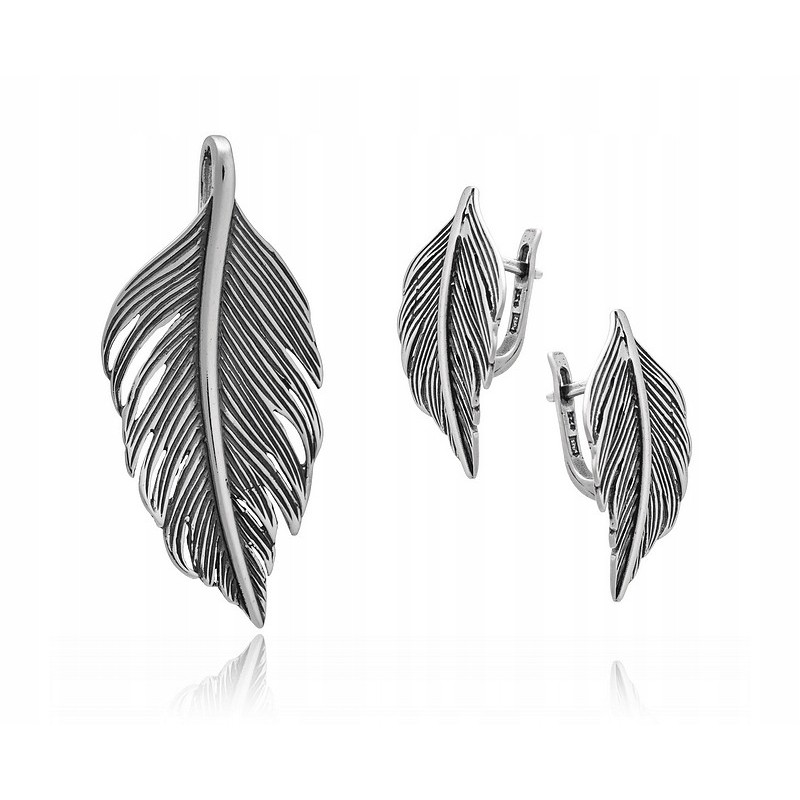 Komplet srebrny 925 oksydowany Pióro – zawieszka i kolczyki