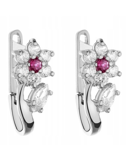 Kolczyki srebrne 925 rodowane – kwiatki z cyrkoniami, zapięcie angielskie