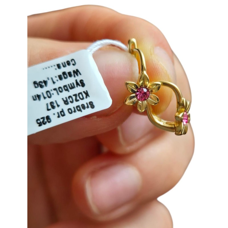 SREBRNE KOLCZYKI POZŁACANA DLA DZIEWCZYNIKI ANGIELSKIE RÓŻOWE KWIATKI