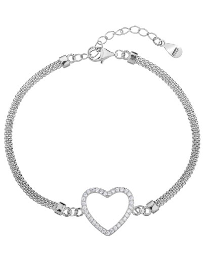 Srebrna bransoletka 925 rodowana – serce, cyrkonie diamentowane