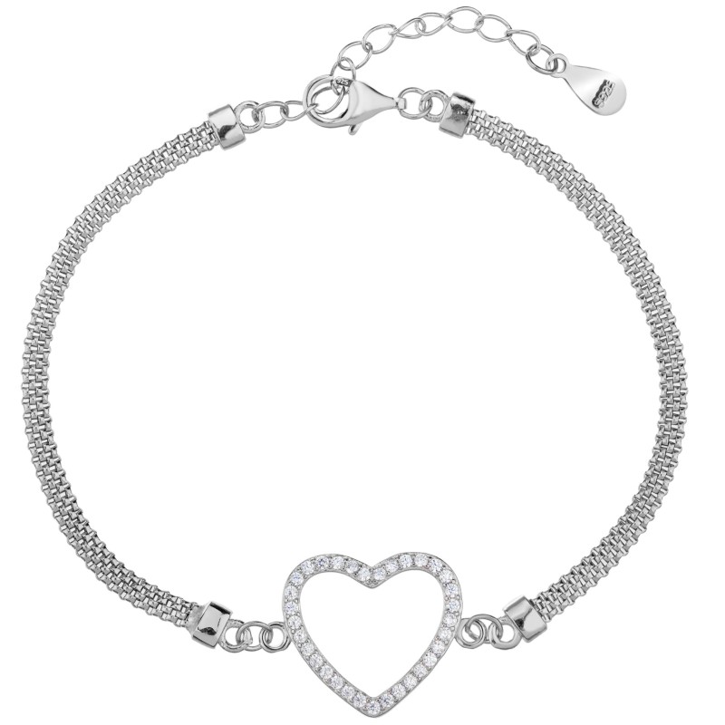 Srebrna bransoletka 925 rodowana – serce, cyrkonie diamentowane
