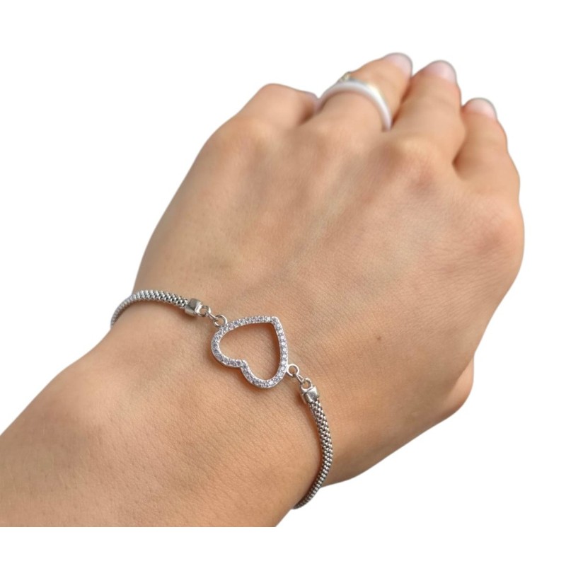 Srebrna bransoletka 925 rodowana – serce, cyrkonie diamentowane