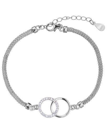 Bransoletka srebrna 925 rodowana dwa kółeczka z cyrkoniami splot tuba.