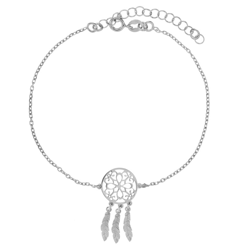 Bransoletka srebrna rodowana 925 z łapaczem snów i piórkami