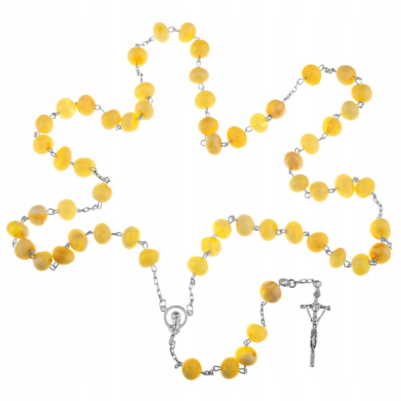 Różaniec srebrny naturalny mleczny bursztyn z paciorkami 15 - 17 g 925 + gratis