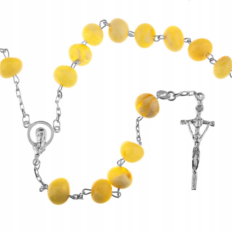 Różaniec srebrny naturalny mleczny bursztyn z paciorkami 15 - 17 g 925 + gratis
