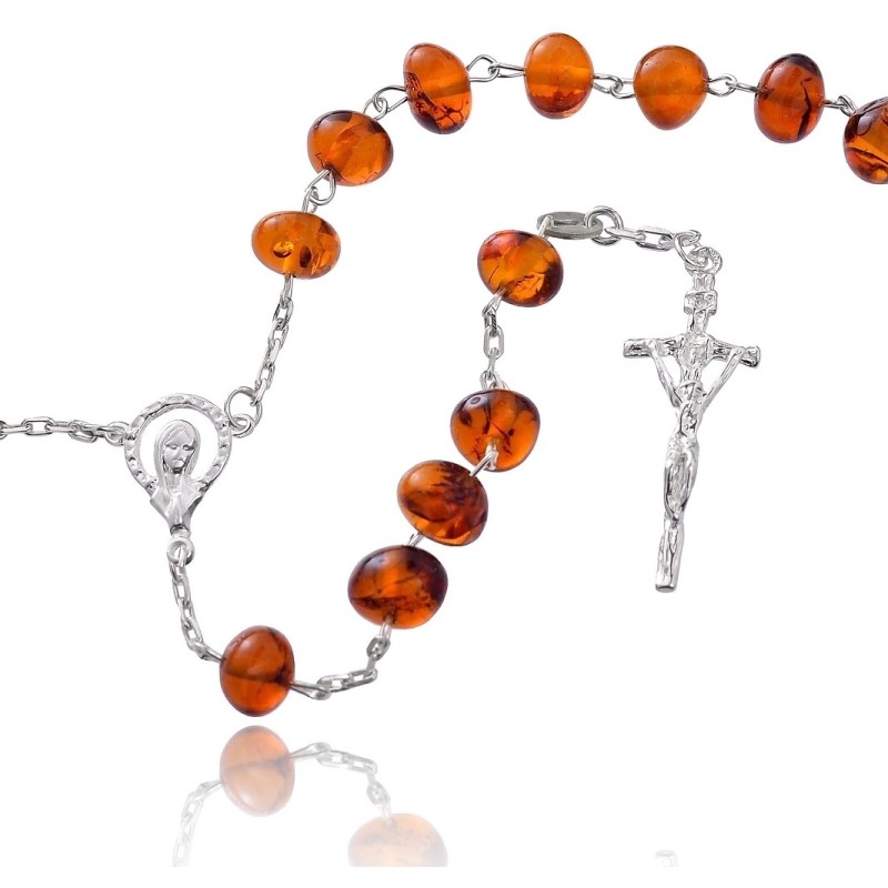 Różaniec srebrny dziesiątka bursztyn ciemny z krzyżem 3,3 g 925