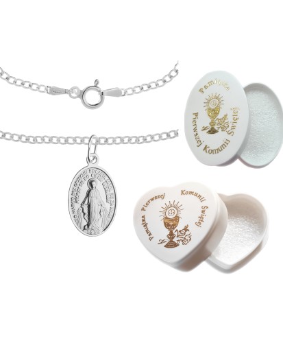 Medalik duża niepokalana 925 z łańcuszkiem pancerka – komplet srebrny