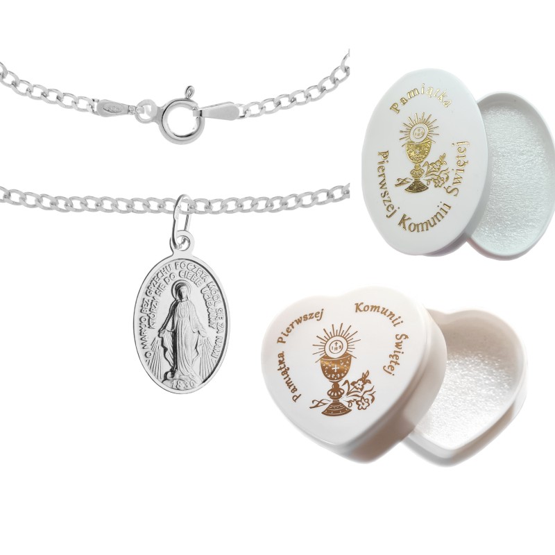 Srebrny komplet 925 – Duża Niepokalana z łańcuszkiem pancerka