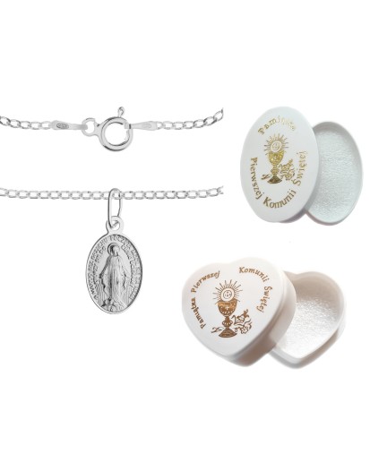 Srebrny komplet 925 – medalik Mała Niepokalana i łańcuszek pancerka