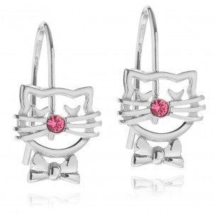 SREBRNE RODOWANE KOLCZYKI DLA DZIEWCZYNKI WISZĄCE KOTY 925