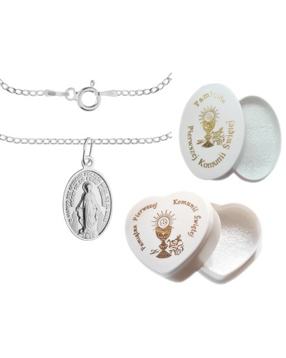 Srebrny komplet 925 – medalik Duża Niepokalana i łańcuszek pancerka