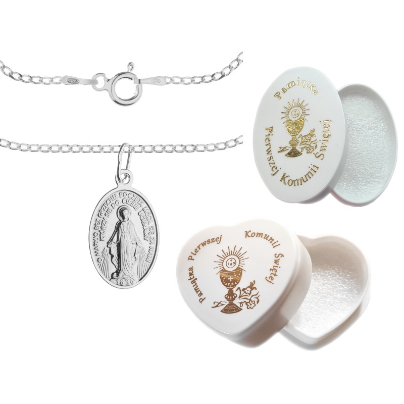 Srebrny komplet 925 – medalik Duża Niepokalana i łańcuszek pancerka