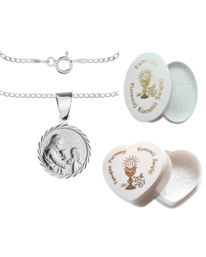 Komplet srebrny łańcuszek pancerka 2,80 g + 1,30 medalik pamiątka pierwsza komunia święta 925