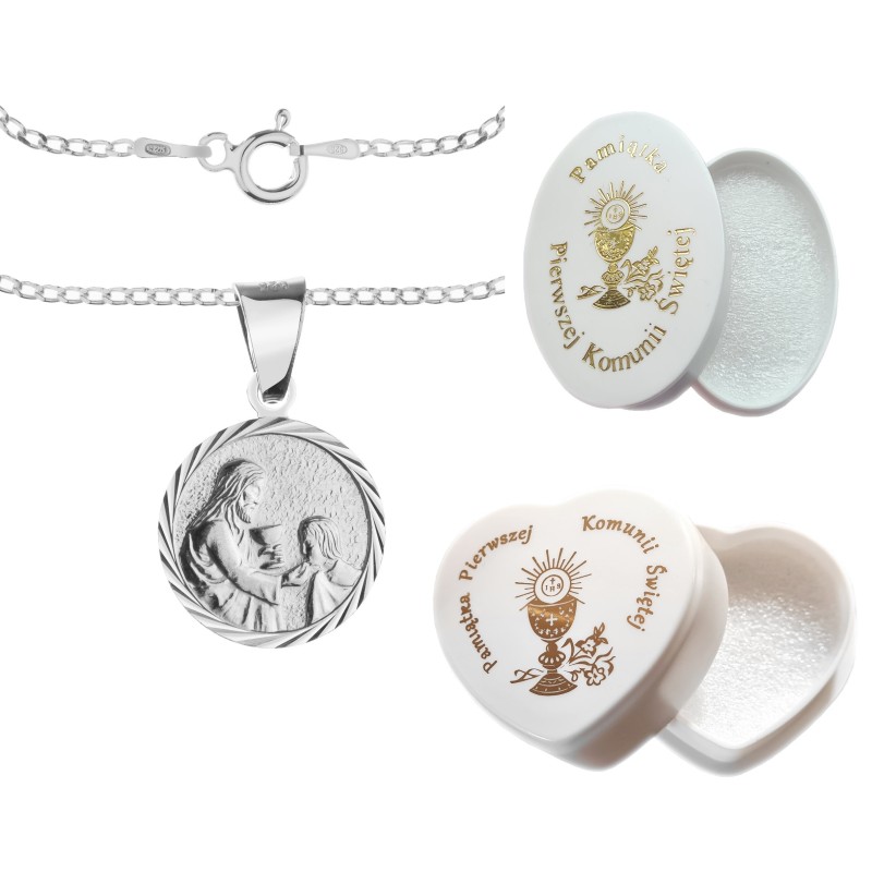 Komplet srebrny łańcuszek pancerka 2,80 g + 1,30 medalik pamiątka pierwsza komunia święta 925