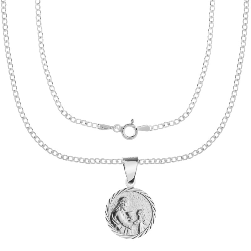 Komplet srebrny łańcuszek pancerka 2,80 g + medalik pamiątka pierwsza komunia święta 925