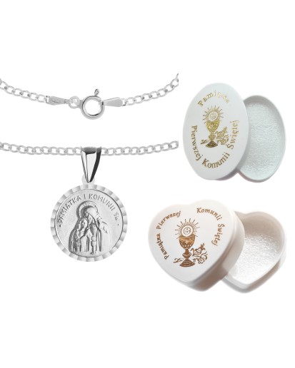 Srebrny komplet komunijny 925 – łańcuszek pancerka i medalik| Pamiątka