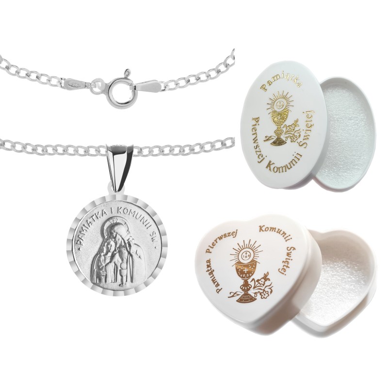 Komplet srebrny łańcuszek pancerka 2,80 g + medalik pamiątka pierwszej komunii świętej 925