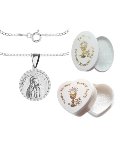 Srebrny komplet komunijny 925 – łańcuszek pancerka i medalik Pamiątka