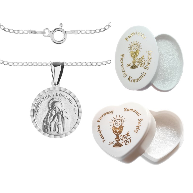 Srebrny komplet komunijny 925 – łańcuszek pancerka i medalik Pamiątka