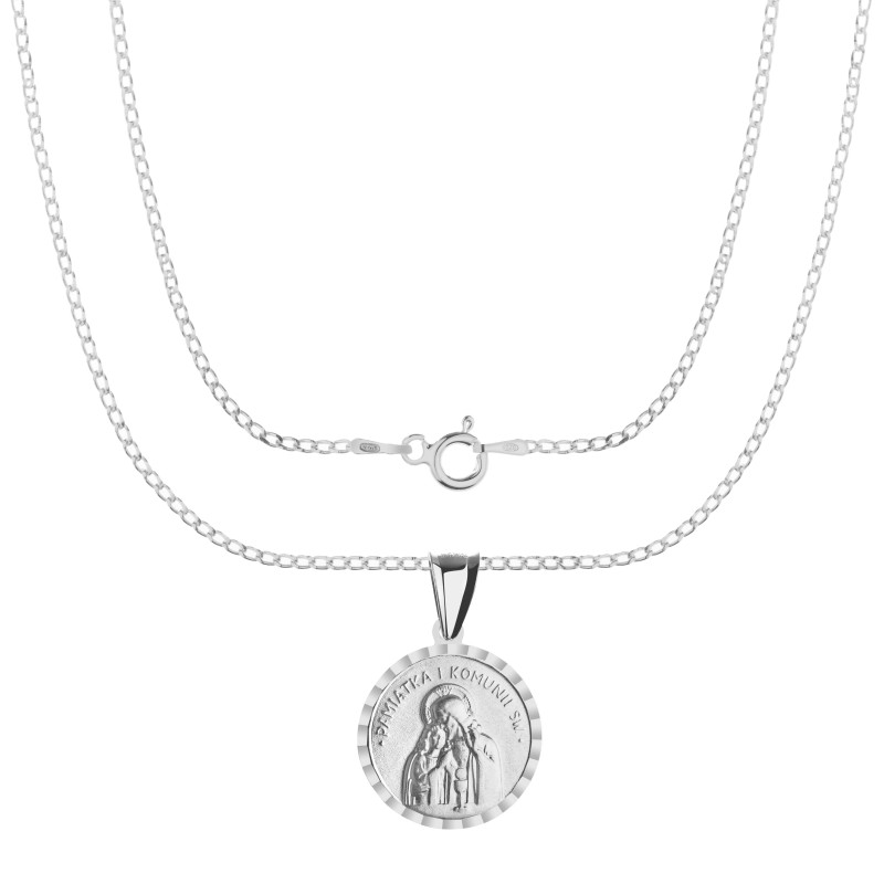 Srebrny komplet komunijny 925 – łańcuszek pancerka i medalik Pamiątka