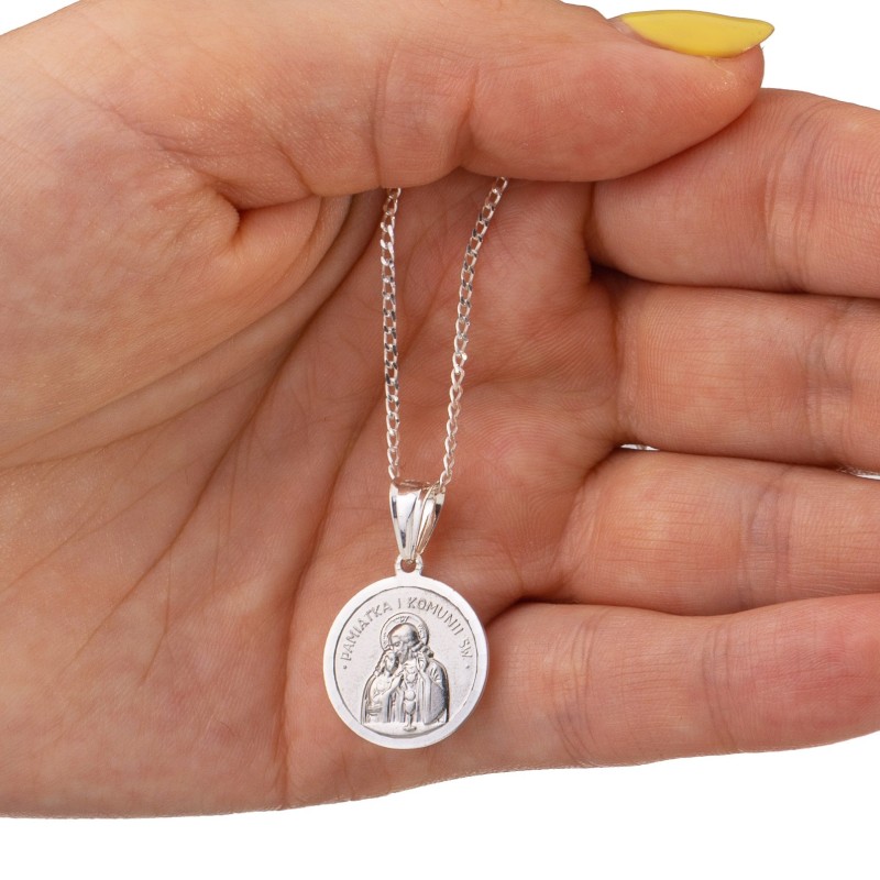 Komplet srebrny łańcuszek pancerka 1,80 g + medalik pamiątka pierwszej komunii świętej 925