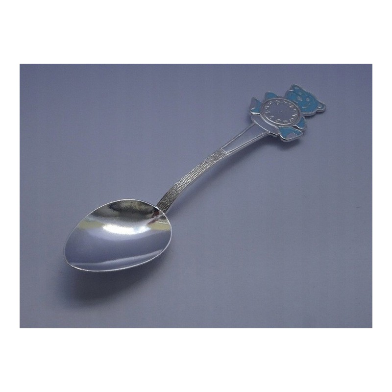 Łyżeczka srebrna zawieszka dla dziecka emaliowana z misiem na chrzest 925