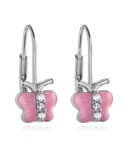 Srebrne kolczyki dla dziewczynki różowe wiszące motyle srebro próby 925