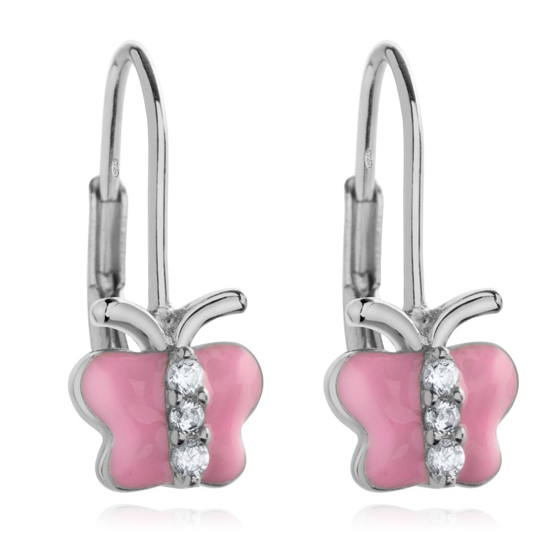 Srebrne kolczyki dla dziewczynki różowe wiszące motyle srebro próby 925