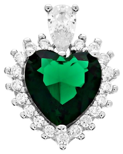 Srebrna zawieszka serce 925 rodowana z zieloną cyrkonią | Wisiorek